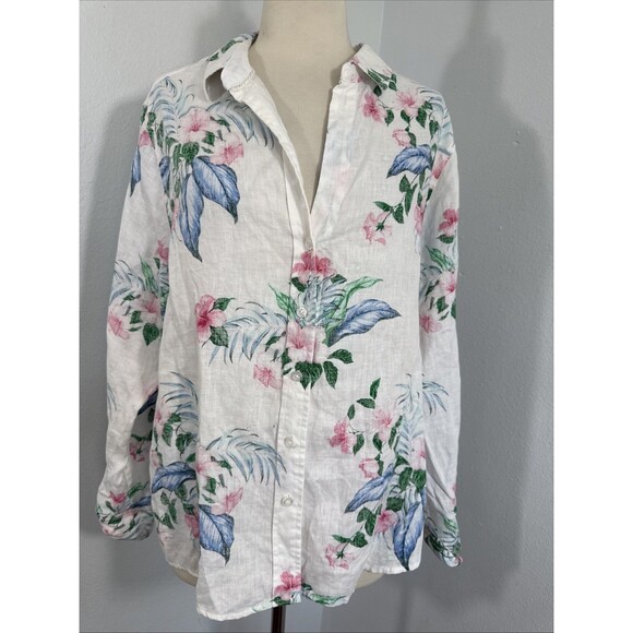 Tommy Baham Shirt Womens L Floral Linen Button Up Blouse Beach Vacation - Picture 1 of 9